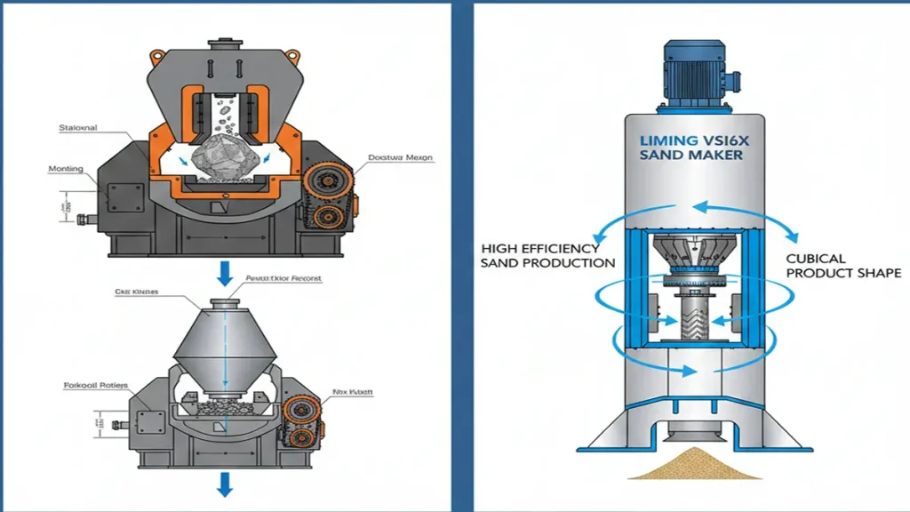 Side-by-side visual of a Traditional Jaw/Cone Crusher vs. Liming VSI6X Sand Maker