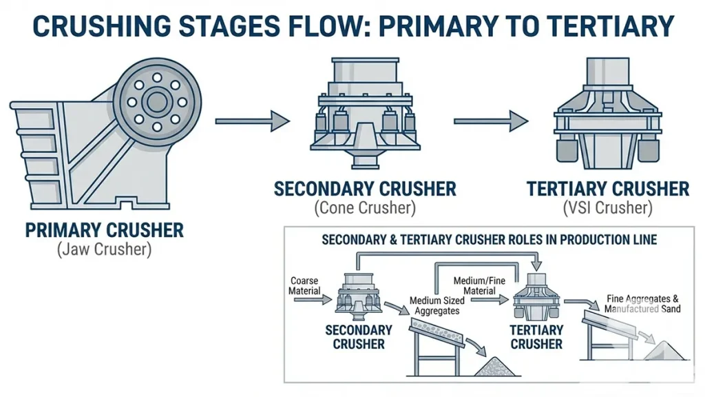 Diagram of secondary and tertiary crushers roles in the production line