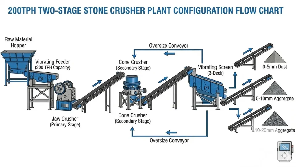 Flow chart showing jaw crusher and cone crusher in a two stage configuration