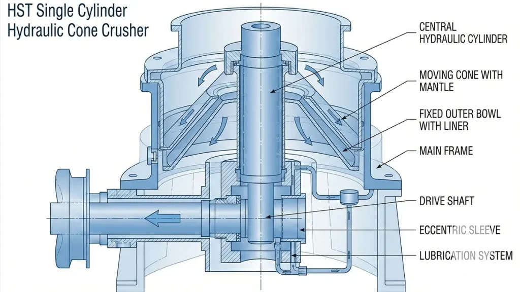 HST Single Cylinder Hydraulic Cone Crusher structure and design