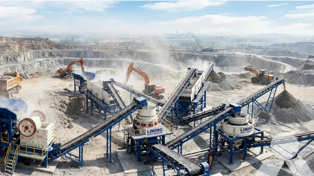 Overview of components of a complete crusher production line in a quarry