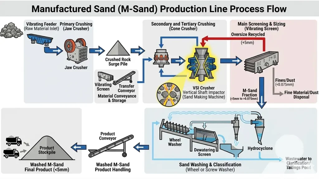 Complete flow chart of a VSI crusher in manufactured sand production line