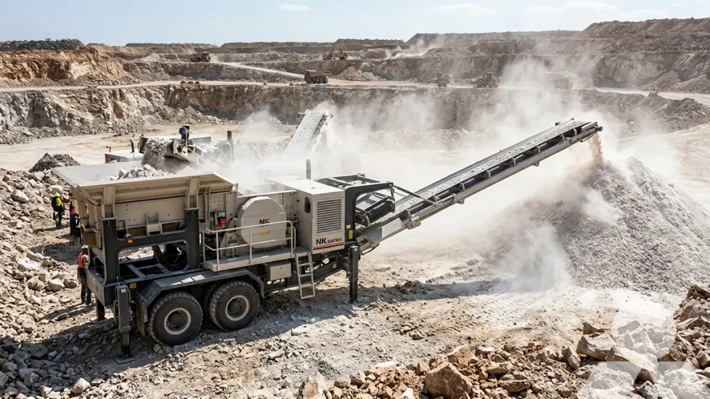 NK series mobile crusher operating at a dusty feldspar mining quarry