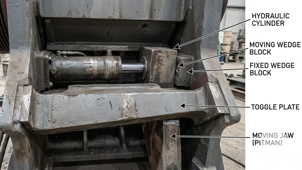 PEW jaw crusher hydraulic adjustment and toggle plate maintenance