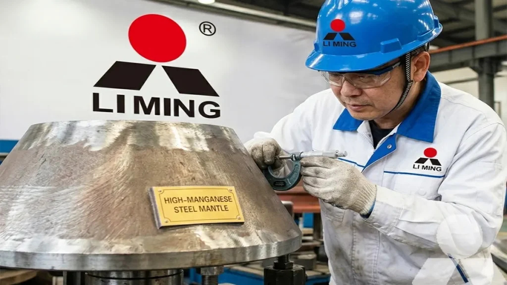 close-up of a high-manganese steel cone crusher mantle being inspected by a Liming engineer