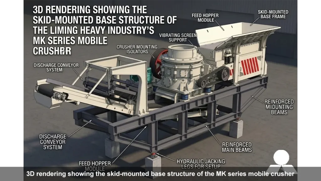 3D rendering showing the skid-mounted base structure of the MK series mobile crusher