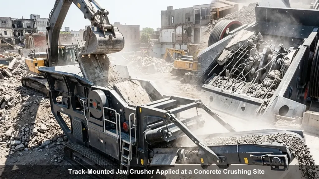 A robust C6X100 jaw crusher processing a heavily reinforced 500mm concrete slab at an urban demolition site under harsh sunlight.