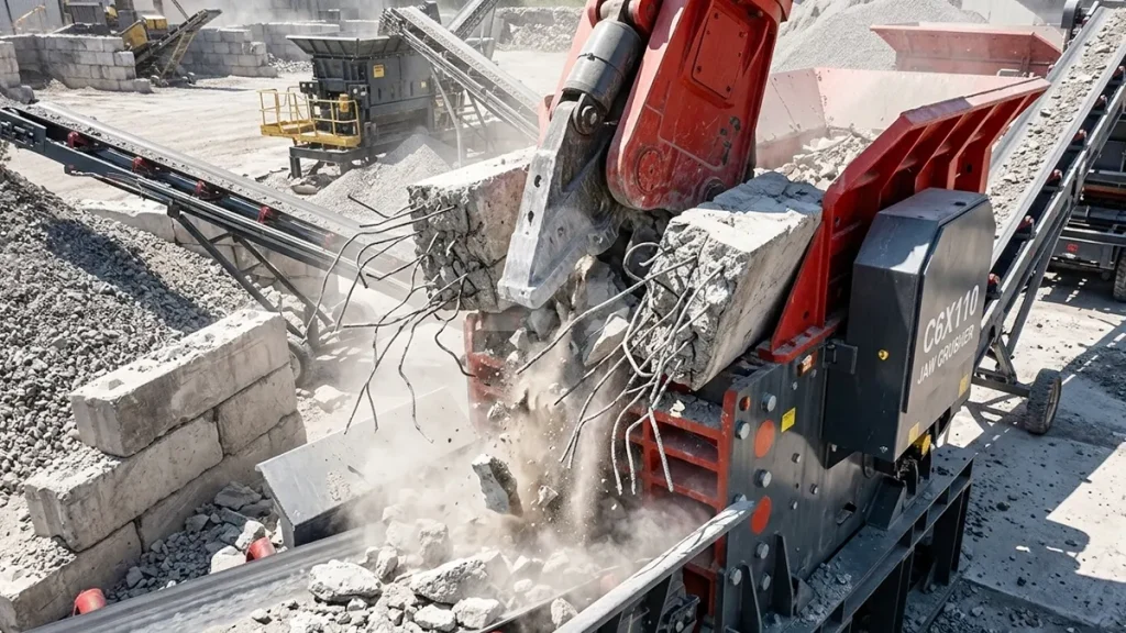 Heavy-duty C6X110 Jaw Crusher fracturing reinforced concrete blocks at a primary recycling station, exposing steel rebar under harsh lighting.