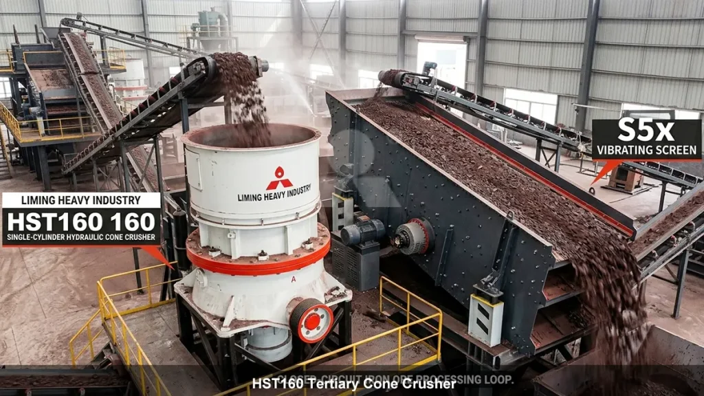 HST160 single-cylinder hydraulic cone crusher synchronized with an S5X vibrating screen in a closed-circuit loop for iron ore processing.