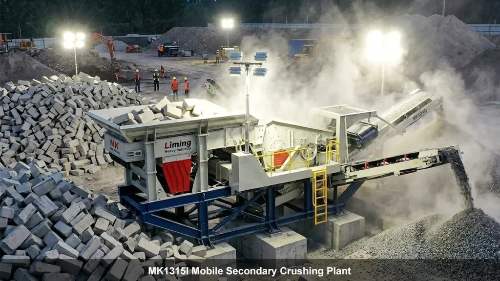 An MK1315I mobile impact crusher processing 300mm concrete blocks under harsh urban site lighting, highlighting the compact zero-foundation tracks.