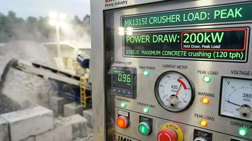 Close-up of the MK1315I electrical control panel displaying 200kW power draw metrics during peak concrete crushing loads.