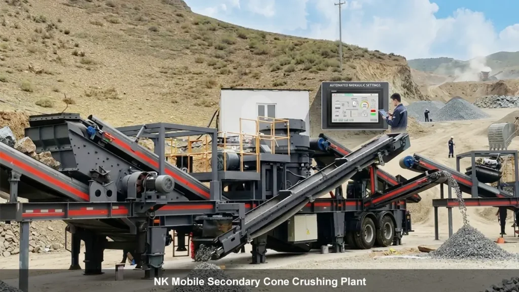 NK300H secondary mobile cone crusher synchronized with screen, processing crushed andesite with automated hydraulic settings.