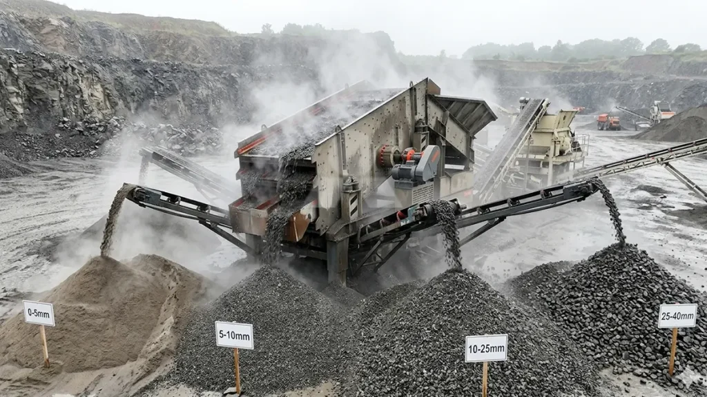 S5X1860-4 vibrating screen actively classifying crushed basalt under humid conditions, separating 0-5mm, 5-10mm, 10-25mm, and 25-40mm fractions for road base blending.