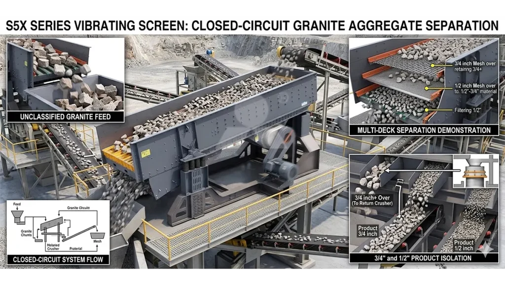 S5X series vibrating screen separating 3/4 inch and 1/2 inch granite aggregates under high-vibration frequency in a closed-circuit system.