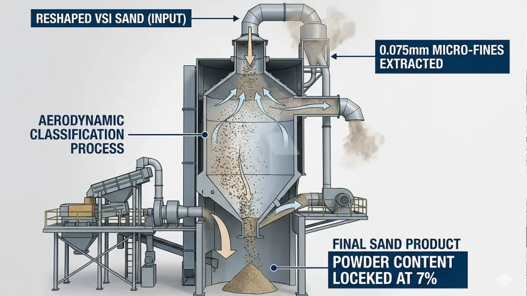 VU Tower aerodynamic classifier extracting 0.075mm micro-fines from reshaped VSI sand to lock powder content at 7%.