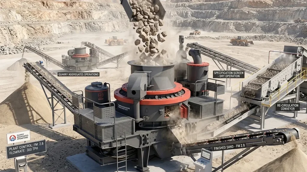 VSI6X1150 Sand Maker operating in a dry closed-circuit flowsheet, utilizing rock-on-rock crushing to achieve an FM of 2.8.