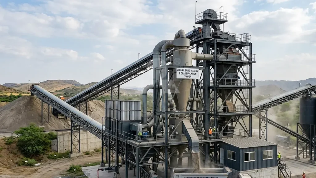 VU dry sand making tower integrating an aerodynamic classifier to extract 200-mesh stone powder without water washing.