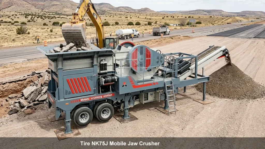 Pneumatic tire NK75J mobile jaw crusher deployed on compacted highway sub-base without concrete foundations, demonstrating accelerated payback windows
