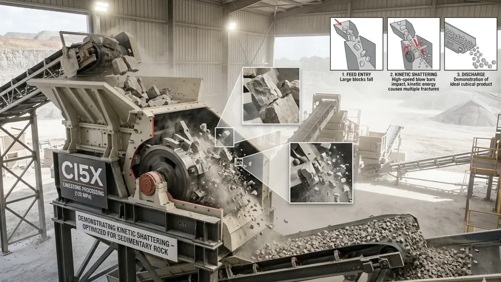 CI5X Impact Crusher processing 120 MPa limestone, demonstrating the kinetic shattering effect ideal for softer sedimentary rock.