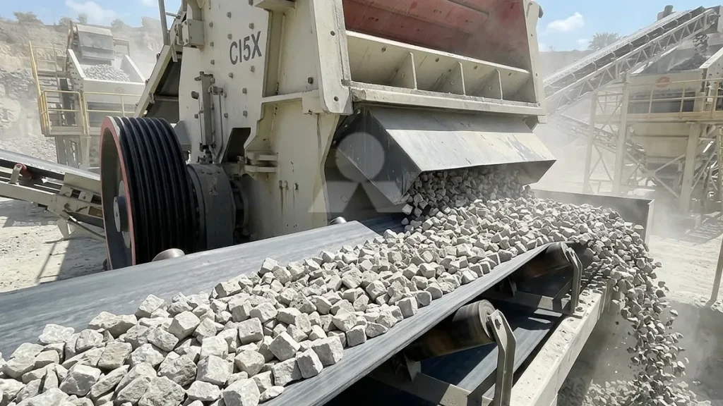 Direct discharge of highly cubical 0-40mm limestone aggregate exiting the primary CI5X belt without requiring secondary shaping.