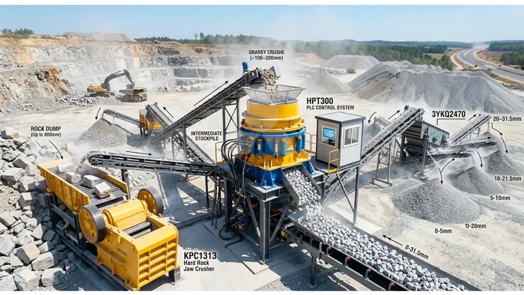 HPT300 Multi-Cylinder Hydraulic Cone Crusher operating in a 250-300 TPH hard granite aggregate production line