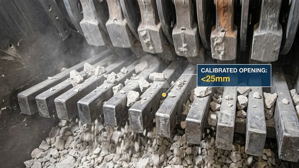 Close-up of the calibrated discharge grate geometry inside a heavy hammer crusher ensuring strict <25mm limestone passage