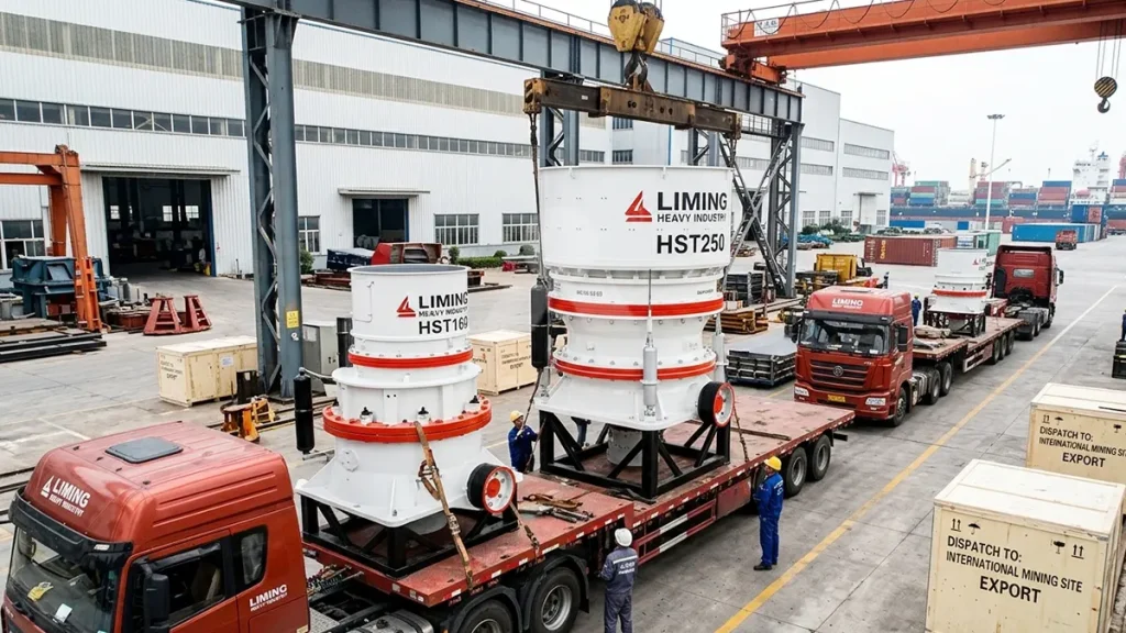 Dispatch of Liming Heavy Industry HST250 and HST160 cone crushers to international mining sites.