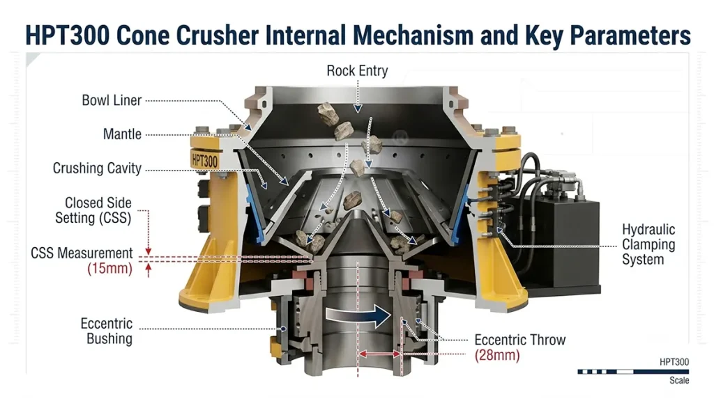Diagram showing the crushing cavity, Closed Side Setting (CSS), and eccentric throw of a cone crusher