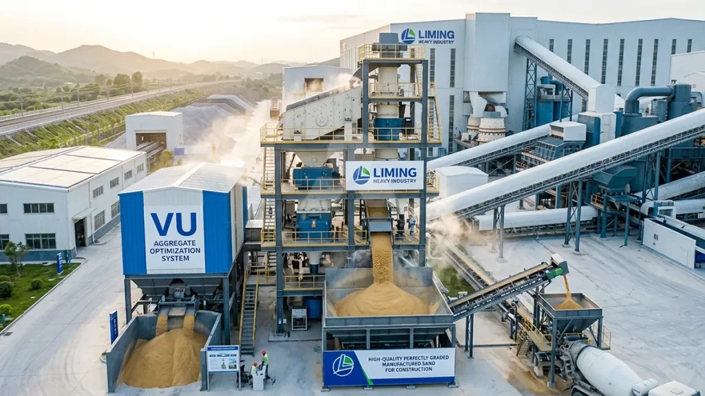 Liming Heavy Industry's VU Aggregate Optimization System processing high-quality, perfectly graded manufactured sand for construction.
