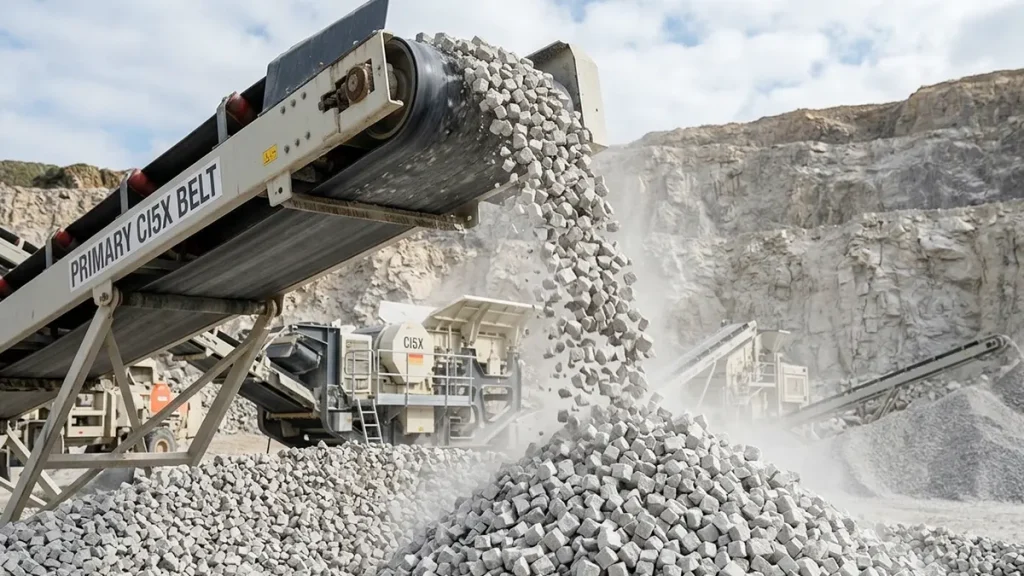 Direct discharge of highly cubical 0-40mm limestone aggregate exiting the primary CI5X belt without requiring secondary shaping.