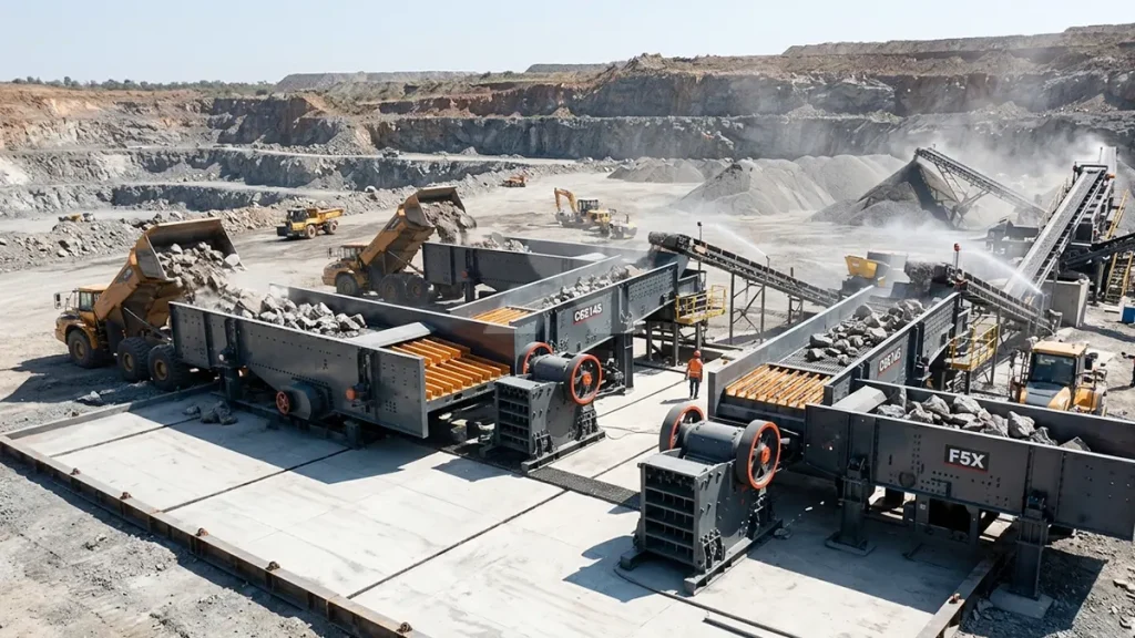 Three parallel C6X145 jaw crushers integrated with massive F5X vibrating feeders installed on a wide horizontal surface pad.
